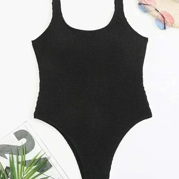 Black Women's Solid Color Sport One Piece Swimsuit Candy Color Textured Fabric - Picture 3 of 4